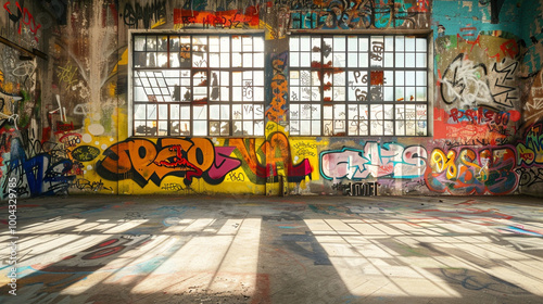 An empty interior background with colorful abstract graffiti on fron wall