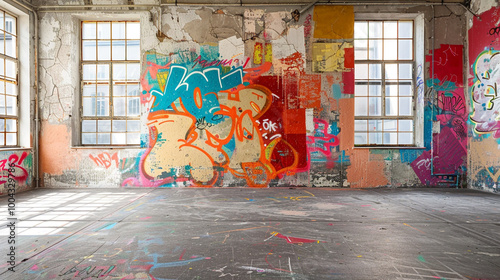 An empty interior background with colorful abstract graffiti on fron wall