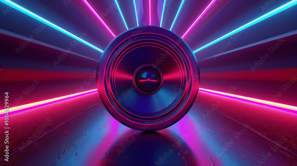 Neon stereo pulsating sound speaker. Close-up of a loudspeaker Neon stereo pulsating sound speaker. Close-up of a loudspeaker