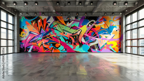 An empty interior background with colorful abstract graffiti on fron wall photo