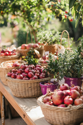 Ripe pomegranates in wicker baskets at the farmer's market