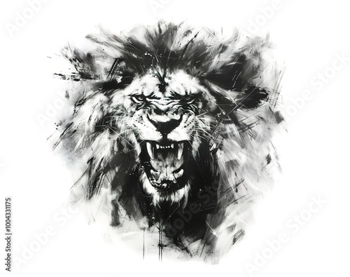 Black-and-white minimalist painting of an angry lion head, with a fierce expression, bared teeth, and dynamic brushstrokes capturing its raw power. Wildlife Animals. photo