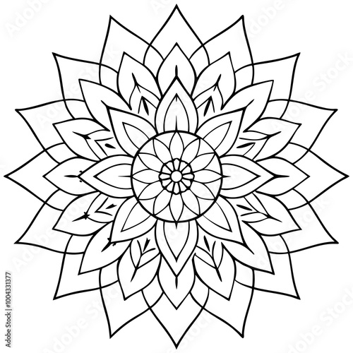 Intricate Mandala with Radiating Petals and Leaf Motifs - Detailed Linework Vector