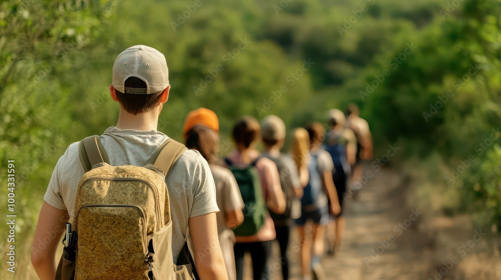 Fototapeta premium A diverse group of hikers exploring a scenic trail through lush greenery, embodying adventure and connection with nature.