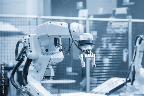 The high technology material handling process by robotic system in the light blue scene.