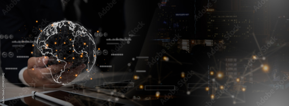 Obraz premium A businessman holding a digital globe with glowing network connections, symbolizing global communication and technology.