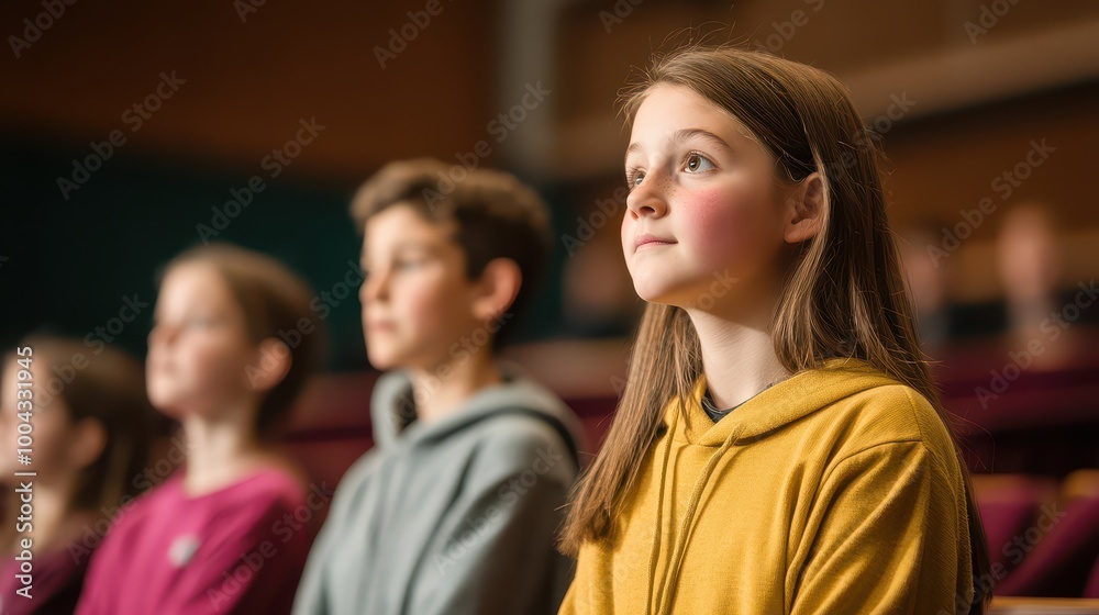 A focused young girl in a colorful hoodie listening intently during a school event or presentation in a crowded auditorium. A focused young girl in a colorful hoodie listening intently during a school event or presentation in a crowded auditorium.