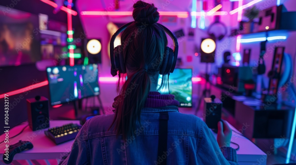 Obraz premium Person Streaming in a Vibrantly Lit Gaming Room