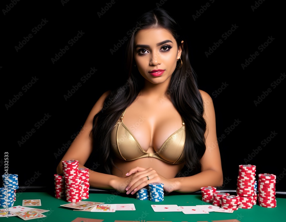 Confident Female Poker Player with Chips at Casino Table Confident Female Poker Player with Chips at Casino Table