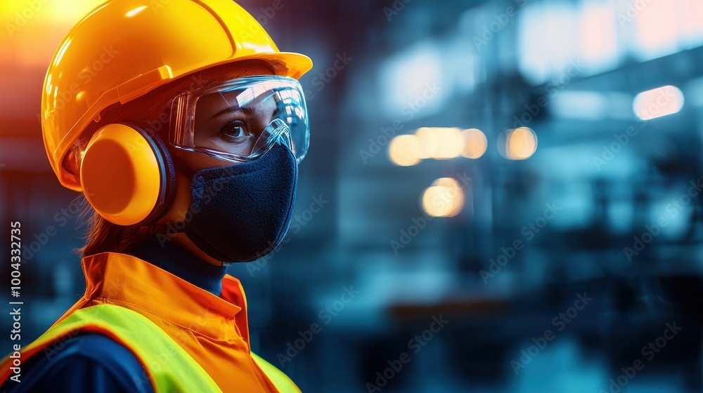 Worker in safety gear, including helmet and mask, in an industrial environment, emphasizing safety and professionalism. Worker in safety gear, including helmet and mask, in an industrial environment, emphasizing safety and professionalism.