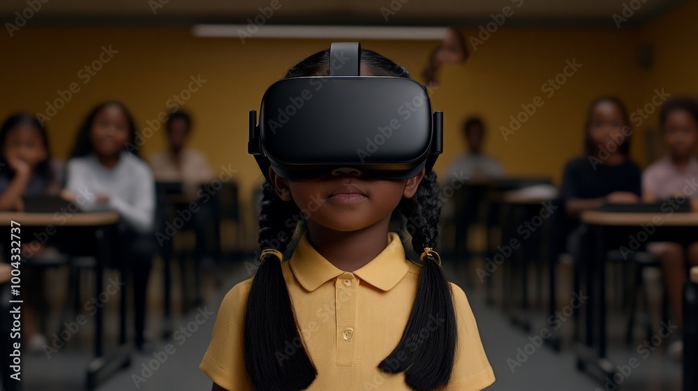 Virtual Reality Education: Young girl immersed in VR learning experience in classroom setting Virtual Reality Education: Young girl immersed in VR learning experience in classroom setting