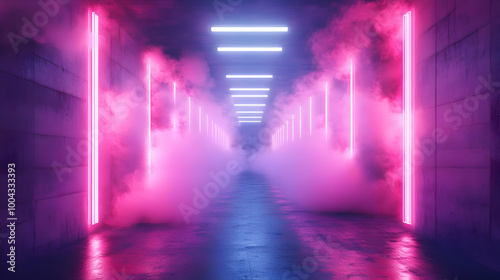 Neon Lights and Smoke in a Hallway - 3D Illustration