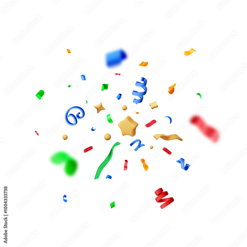 3D party ribbon confetti round isolated on white. Render color confetti collection. Colorful firecracker elements in various shapes. Party, holyday, surprise or birthday events. Vector illustration 3D party ribbon confetti round isolated on white. Render color confetti collection. Colorful firecracker elements in various shapes. Party, holyday, surprise or birthday events. Vector illustration