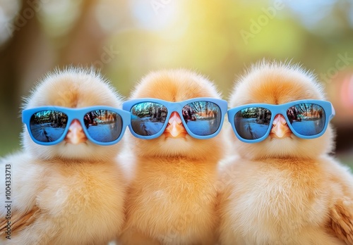 Three Cute Fluffy Baby Chicks Wearing Blue Sunglasses, AI generated illustration