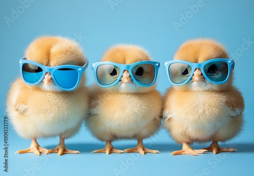 Three Cute Fluffy Baby Chicks Wearing Blue Sunglasses, AI generated illustration