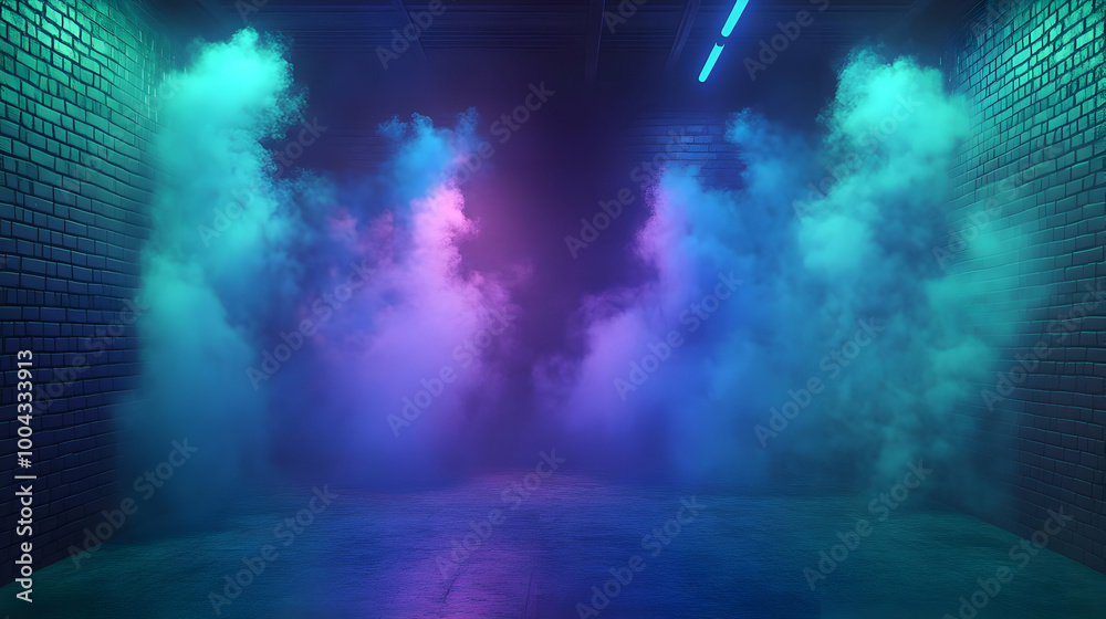 Fototapeta premium Blue and Pink Neon Lights in a Brick Room with Smoke - 3D Render
