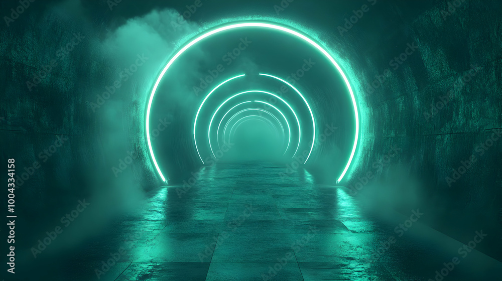 3D Render of  Green Neon Circular Lights Tunnel