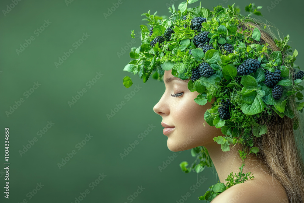 A woman with a green headdress made of leaves and berries A woman with a green headdress made of leaves and berries