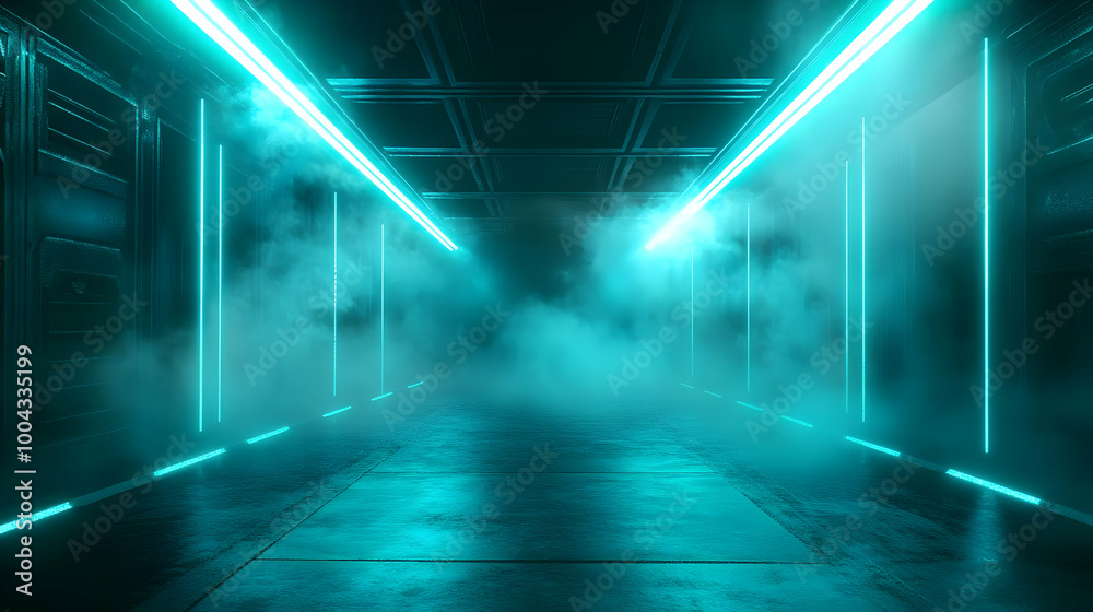 Abstract 3D Illustration of a Futuristic Corridor with Cyan Neon Lights and Smoke