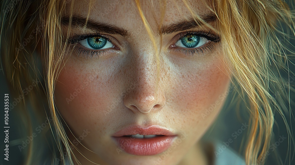 Close-up Portrait of a Woman with Blue Eyes and Freckles