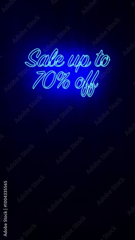 Softly glowing neon text 'Sale up to 70% off' on a dark background Softly glowing neon text 'Sale up to 70% off' on a dark background