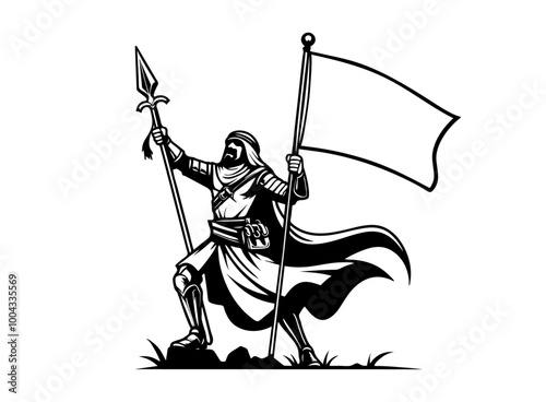 Cartoon illustration for an Arabian knight raising a blank flag template colouring page design