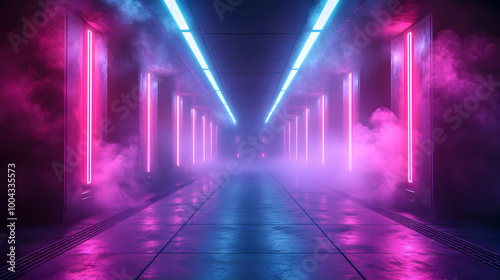 Futuristic Neon Corridor with Smoke 3D Render