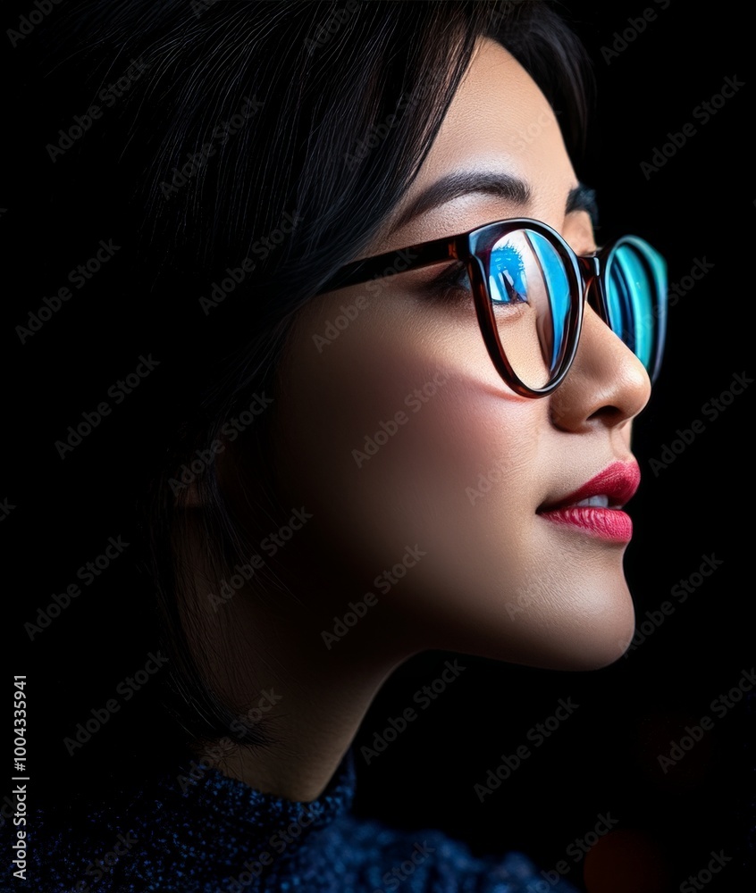 Visionary Woman: A striking profile portrait of a young woman with dark hair and glasses, gazing thoughtfully into the distance against a dramatic black background. Visionary Woman: A striking profile portrait of a young woman with dark hair and glasses, gazing thoughtfully into the distance against a dramatic black background.