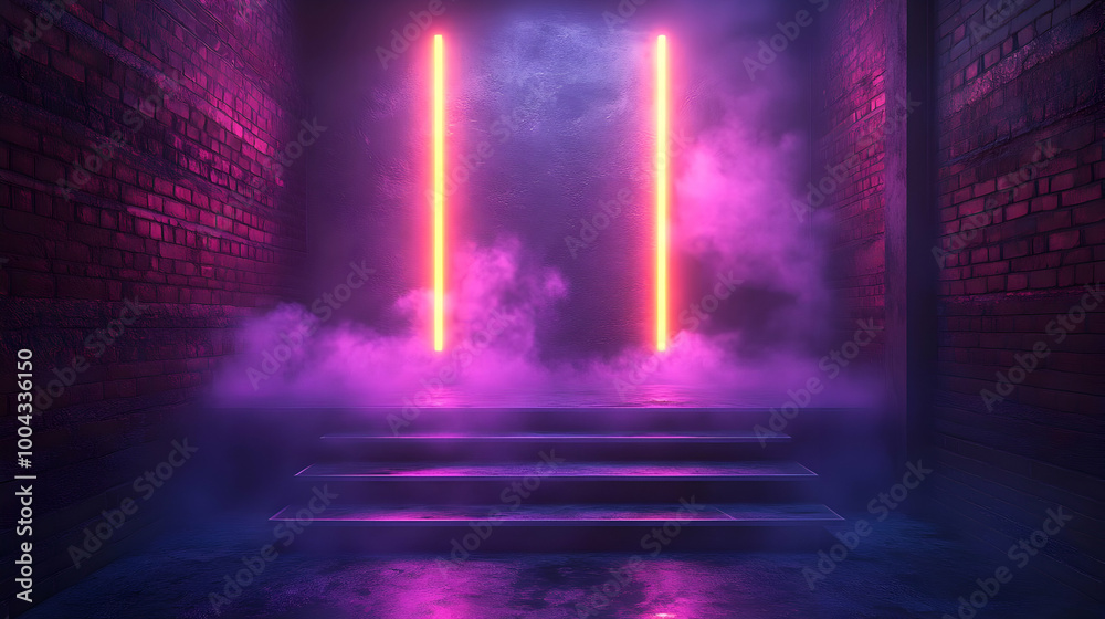 Neon Lights in a Brick Corridor 3D Illustration Neon Lights in a Brick Corridor 3D Illustration