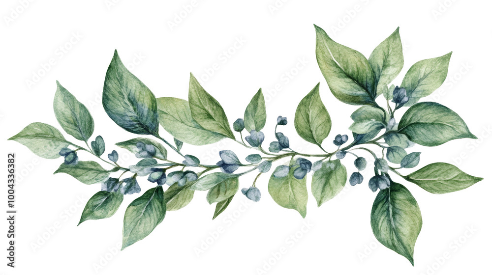 Naklejka premium Botanical Watercolor Corner Frame with Green Leaves and Subtle Blossoms for Spring Design and Wedding Invitations on White Background with Copy Space