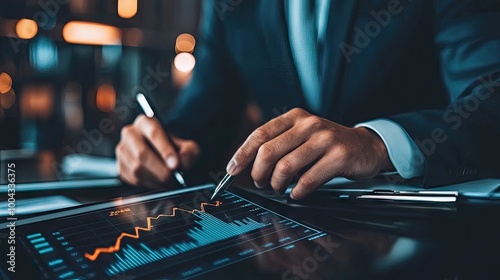 Businessman reviewing 2025 financial goals with an arrow graph indicating positive global trends and business success.