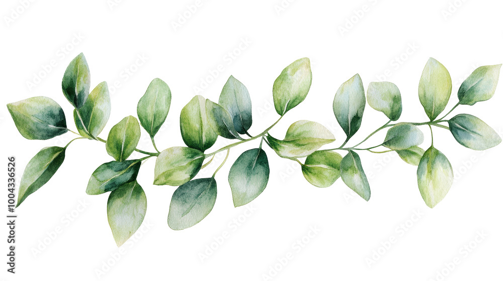 Naklejka premium Elegant Green Foliage Border Watercolor Illustration for Botanical Art Prints and Greeting Cards on White Background with Copy Space
