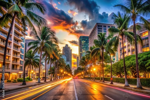Scenic Wide Road Lined with Tall Palm Trees and Modern Buildings in Vibrant Miami Beach Area