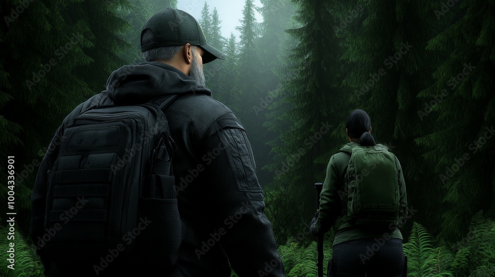Into the Unknown: A pair of hikers, their faces obscured, venture deeper into a dense, misty forest, their backpacks and trekking poles suggesting a journey of exploration and adventure. Into the Unknown: A pair of hikers, their faces obscured, venture deeper into a dense, misty forest, their backpacks and trekking poles suggesting a journey of exploration and adventure.