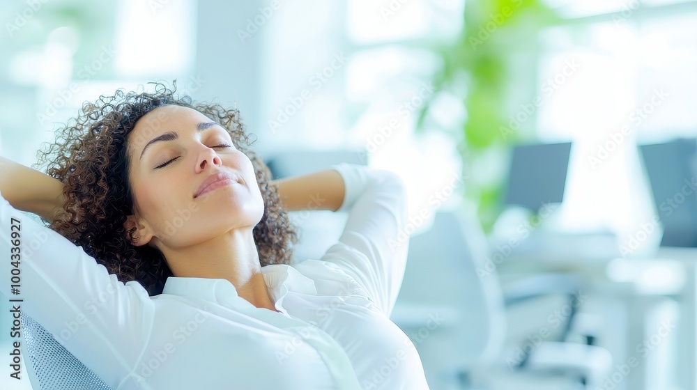 Young businesswoman enjoying a moment of relaxation in her office, stretching her body to alleviate stress and boost productivity during a busy workday. Young businesswoman enjoying a moment of relaxation in her office, stretching her body to alleviate stress and boost productivity during a busy workday.