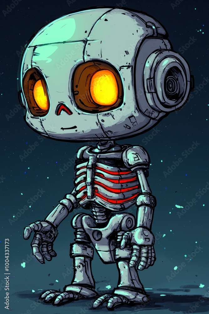 Cute Cartoon Robot with Glowing Eyes and Visible Skeleton Cute Cartoon Robot with Glowing Eyes and Visible Skeleton