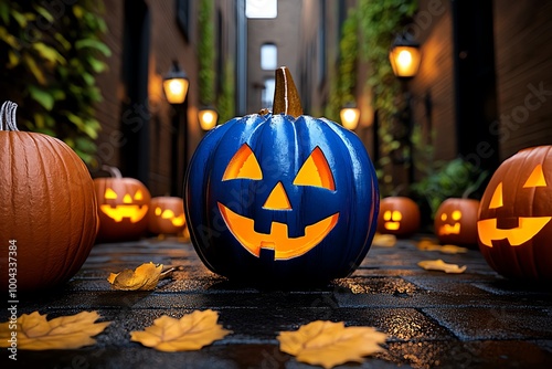 A creepy haunted alleyway on Halloween night, with flickering streetlights, shadows lurking in the corners, and glowing pumpkins scattered along the path photo