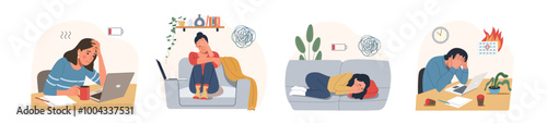 Sad, unhappy women and man. Professional burnout syndrome. Vector flat style cartoon illustration