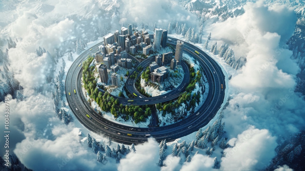 Three-dimensional picture of the Earth globe A 3D highway design featuring city, desert, forest, and icy highways is included. creative idea design encircled by clouds. vehicle commercials Three-dimensional picture of the Earth globe A 3D highway design featuring city, desert, forest, and icy highways is included. creative idea design encircled by clouds. vehicle commercials