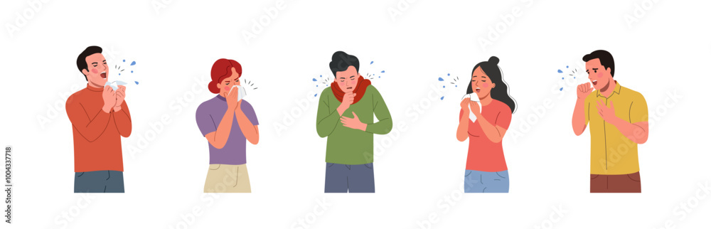 Young coughing and sneezing women and men isolated. Cold and fever concept. Vector flat style cartoon illustration Young coughing and sneezing women and men isolated. Cold and fever concept. Vector flat style cartoon illustration