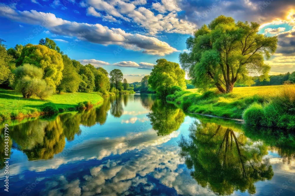 Serene Altrhein River Landscape with Lush Green Banks and Tranquil Water Reflections in Nature Serene Altrhein River Landscape with Lush Green Banks and Tranquil Water Reflections in Nature