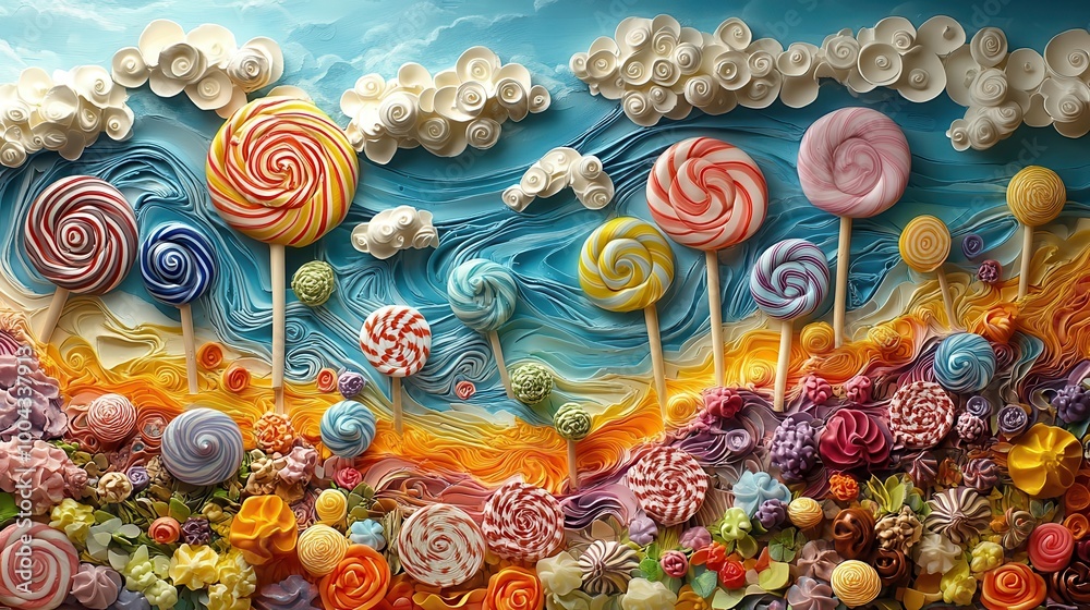 swirling lollipops and colorful candies dance against a backdrop of creamy dreamy clouds creating a joyous whimsical scene filled with vibrant hues and delightful textures swirling lollipops and colorful candies dance against a backdrop of creamy dreamy clouds creating a joyous whimsical scene filled with vibrant hues and delightful textures