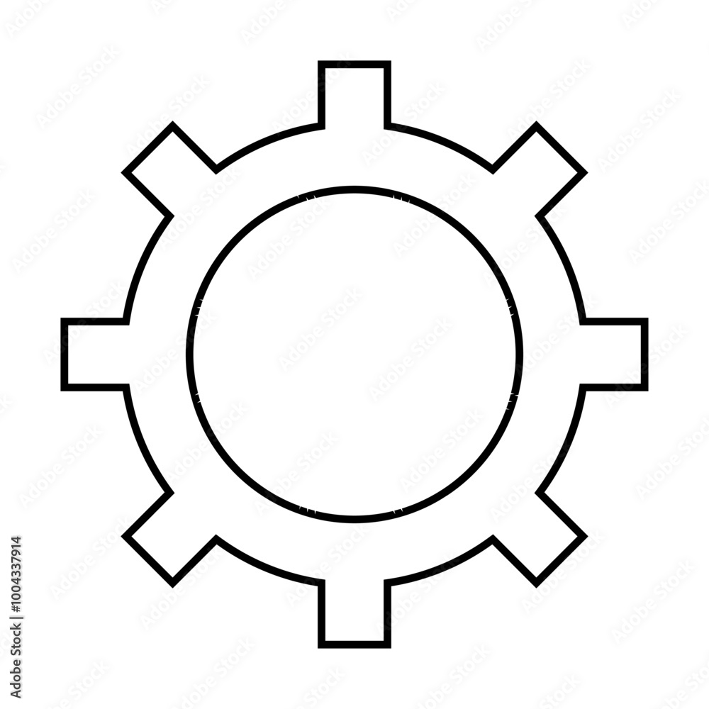 Simplistic gear with 8 teeth. Easily recognizable circular shape ideal for themes such as technology, machinery, engineering, manufacturing, productivity, and system processes. Black and white Simplistic gear with 8 teeth. Easily recognizable circular shape ideal for themes such as technology, machinery, engineering, manufacturing, productivity, and system processes. Black and white