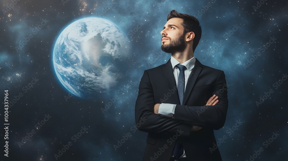 Businessman Contemplating the Global Future with Galactic Backdrop Businessman Contemplating the Global Future with Galactic Backdrop