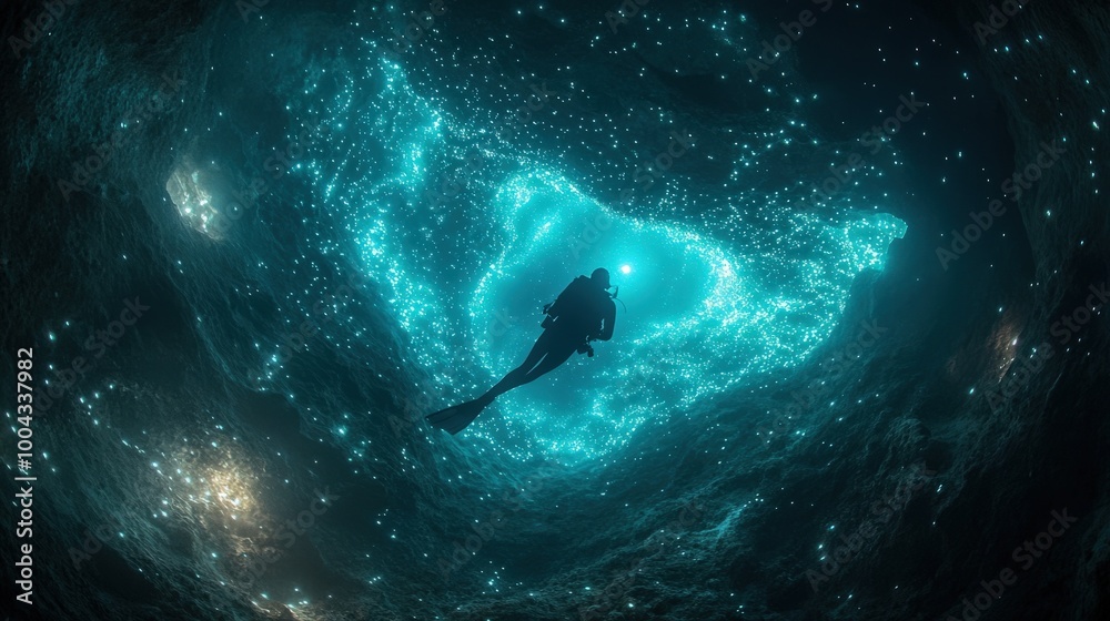 Fototapeta premium A diver navigates through a stunning underwater cave, surrounded by glowing blue light, revealing the beauty of marine exploration and tranquility