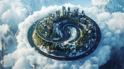 Three-dimensional picture of the Earth globe A 3D highway design featuring city, desert, forest, and icy highways is included. creative idea design encircled by clouds. vehicle commercials photo