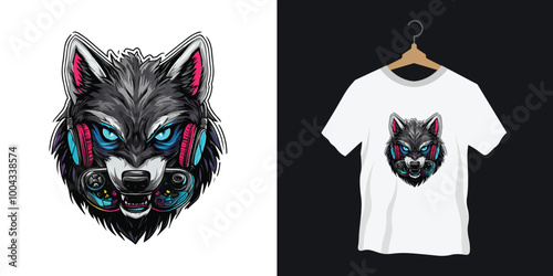 The t-shirt design logo a stylized wolf wearing a gaming headset with glowing eyes