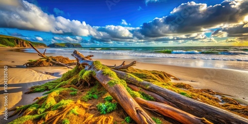 Serene Coastal Scene Featuring Driftwood and Seaweed in Wrack Position on a Sandy Beach Landscape photo