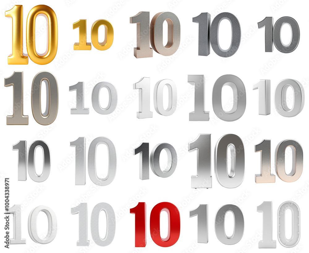Digit 10 Metallic 3D Numbers Set with Transparent Background, Perfect for Graphics and Overlays in Various Projects Digit 10 Metallic 3D Numbers Set with Transparent Background, Perfect for Graphics and Overlays in Various Projects