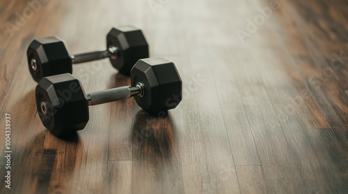 Pair of black hex dumbbells on wooden floor in gym photo